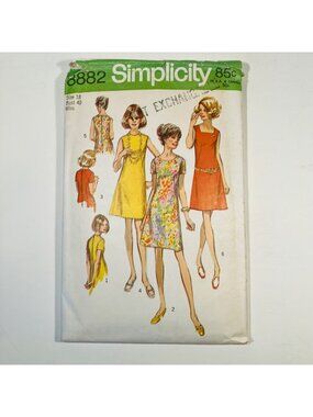 1970s Simplicity 8882 Sz 18 B40 Sleeveless or Short Sleeve Dress Pattern CC